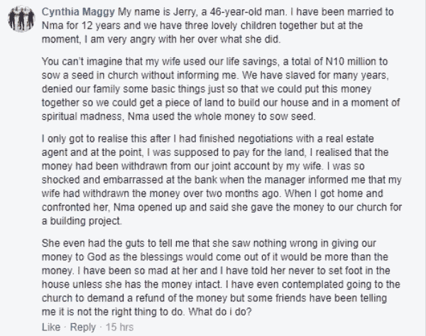 My wife used our N10m life savings to sow seed in church - Man cries out